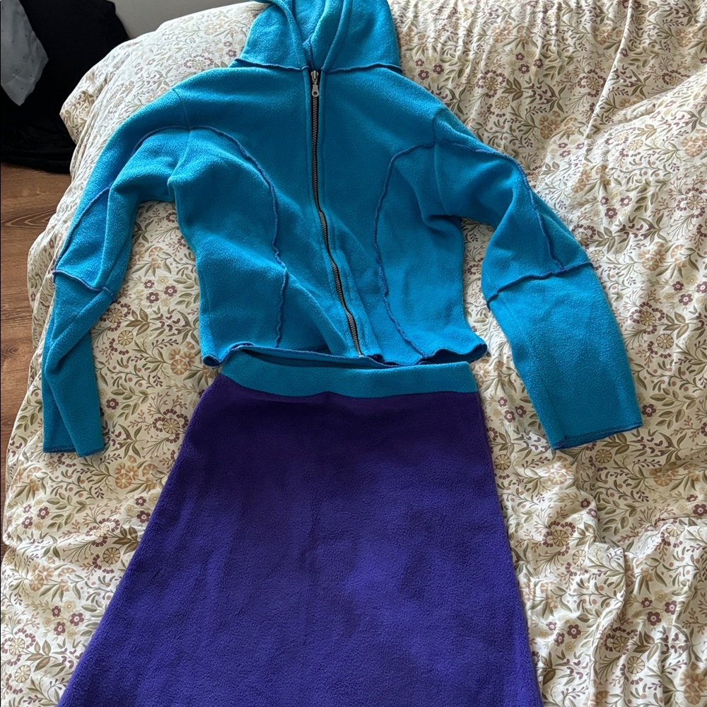 Planet Earth Retro Blue and Purple Fleece Winter Rave Outfit Jacket and Skirt